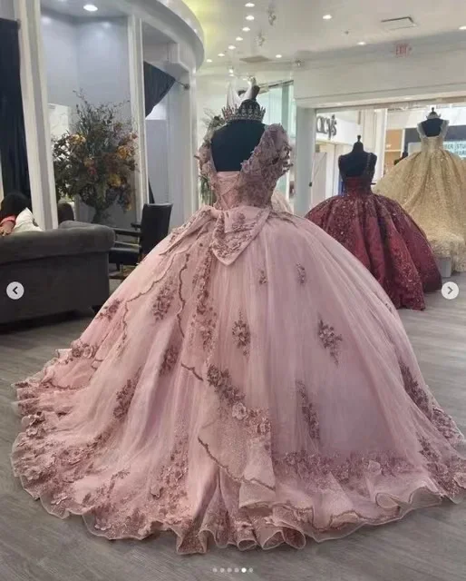 Vestido Quinceanera rosa com decote em v, vestidos mexicanos, lantejoulas brilhantes, apliques, vestido de baile frisado, doce sexy, sem costas, luxo, 16