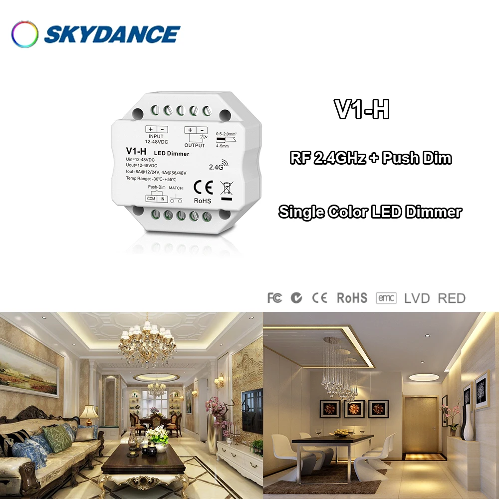 

12-48V V1-H 2.4GHzRF + Push Dim 0-100% Step-less DIM Wireless remote control Single Color Wall junction box mounting Controller