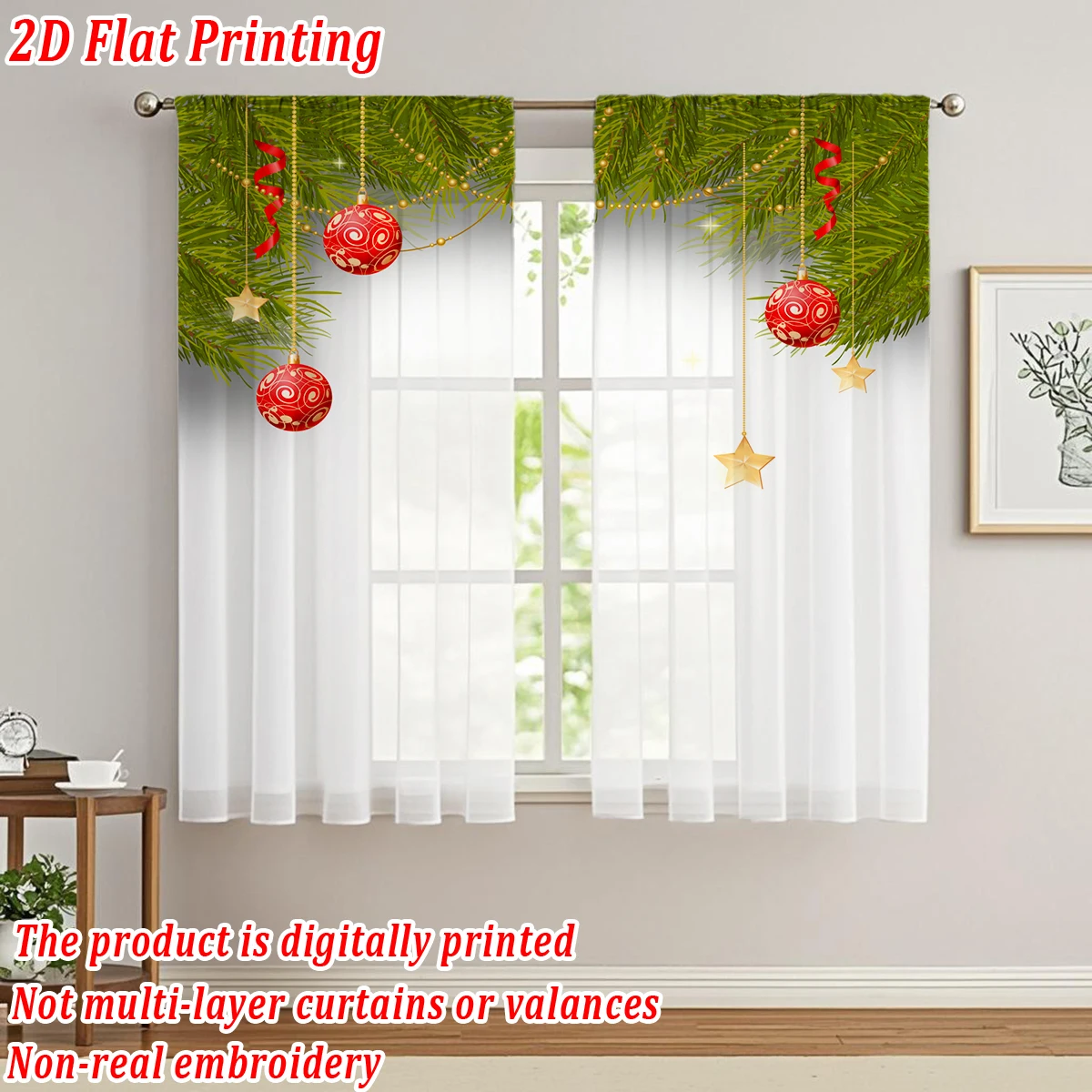 ستارة شفافة للمطبخ مطبوعة مسطحة لعيد الميلاد مع فرع كرة عيد الميلاد المجيد على شكل نجمة من الصنوبر لحفلات ديكور المنزل في عيد الميلاد #3