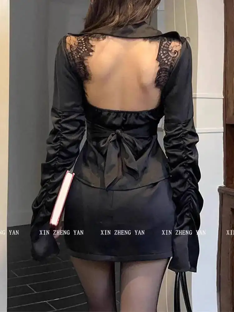 Luksusowa bluzka z falbankami i rozkloszowanymi rękawami damska 2025 jesień koszule damskie retro bluzka stójka francuski design szykowna luźna góra Mujer