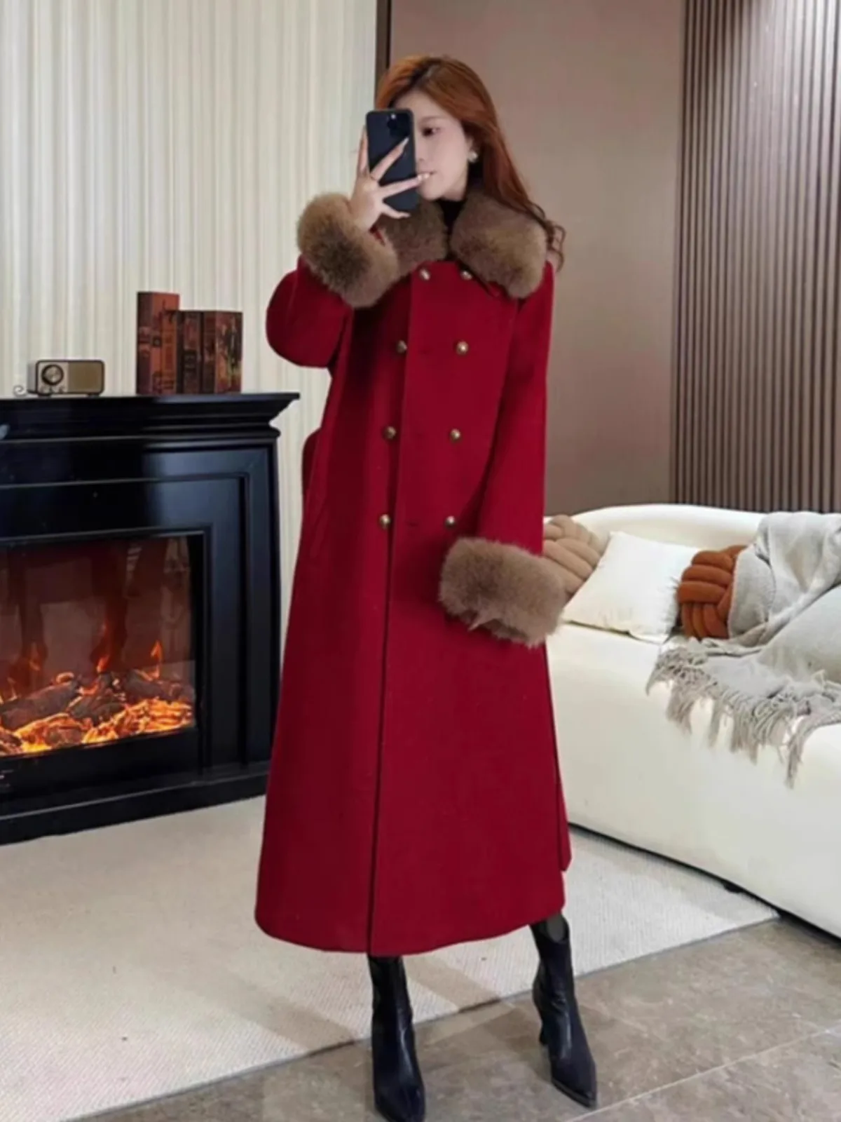 

Thiened Fce Lined Long over Knee Woolen Coat for Women Autumn Winter New Sle Korean Version Straight Cut Pants