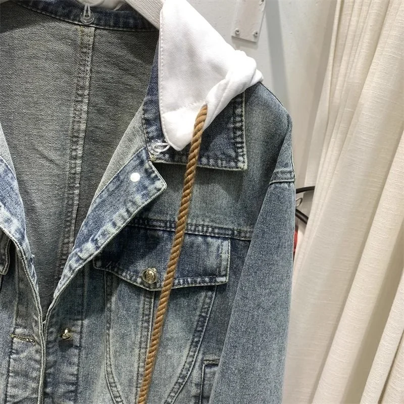 Falso duas jaqueta jeans com capuz feminino, manga comprida, tops curtos soltos de cowboy, casaco casual básico, roupas para primavera, outono, novo