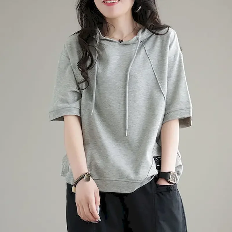 

T Shirt Women Summer Hooded Half Sleeve T-shirt Korean Style Loose Tops 98% Cotton Fashion Design Solid Tshirt Y2k Top E8459
