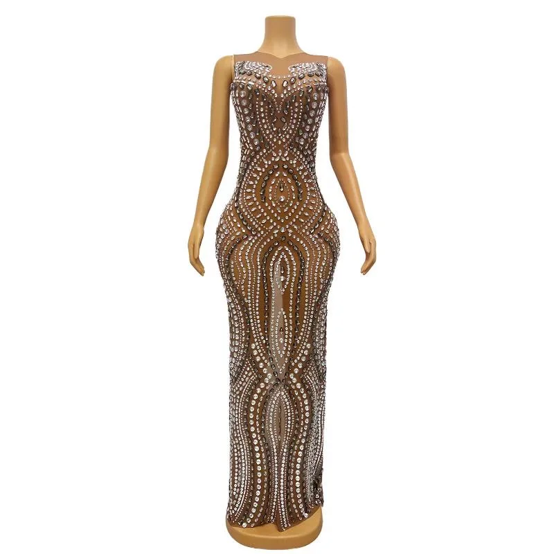 

Sexy Stage Silver Black Big Rhinestones Transparent Brown Dress Evening Birthday Celebrate Dance Performance Photo Shoot Costume