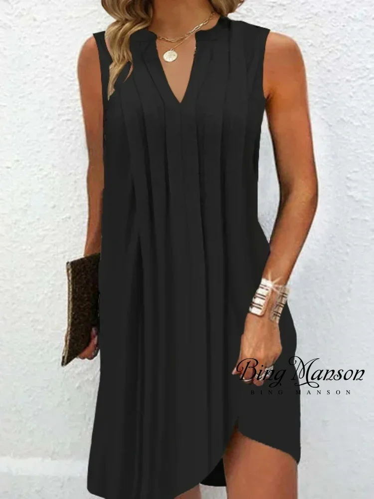 

2023 Summer New Women's Simple V-neck Folding Pleated Party Dress Elegant Solid Office Midi Sexy Sleeveless Tank Top Beach Dress