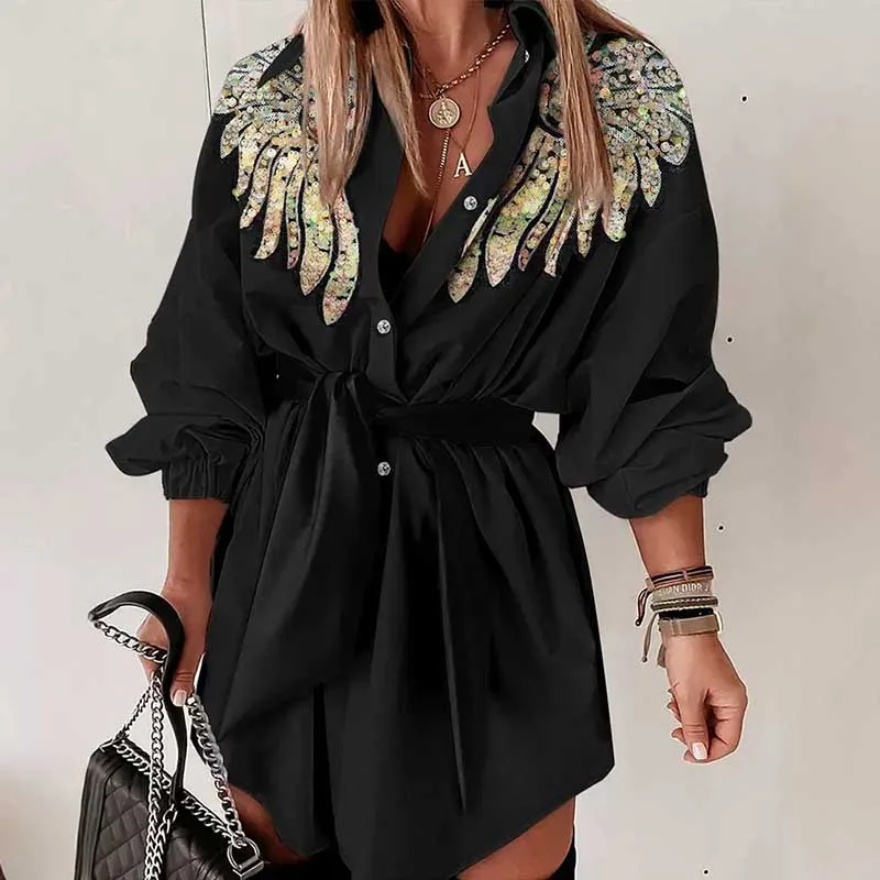 

Black Long Sleeve Shirt Dresses Women Fashion Casual Lapel Single-breasted Loose Clothing Short Dress Spring Autumn 2024 New