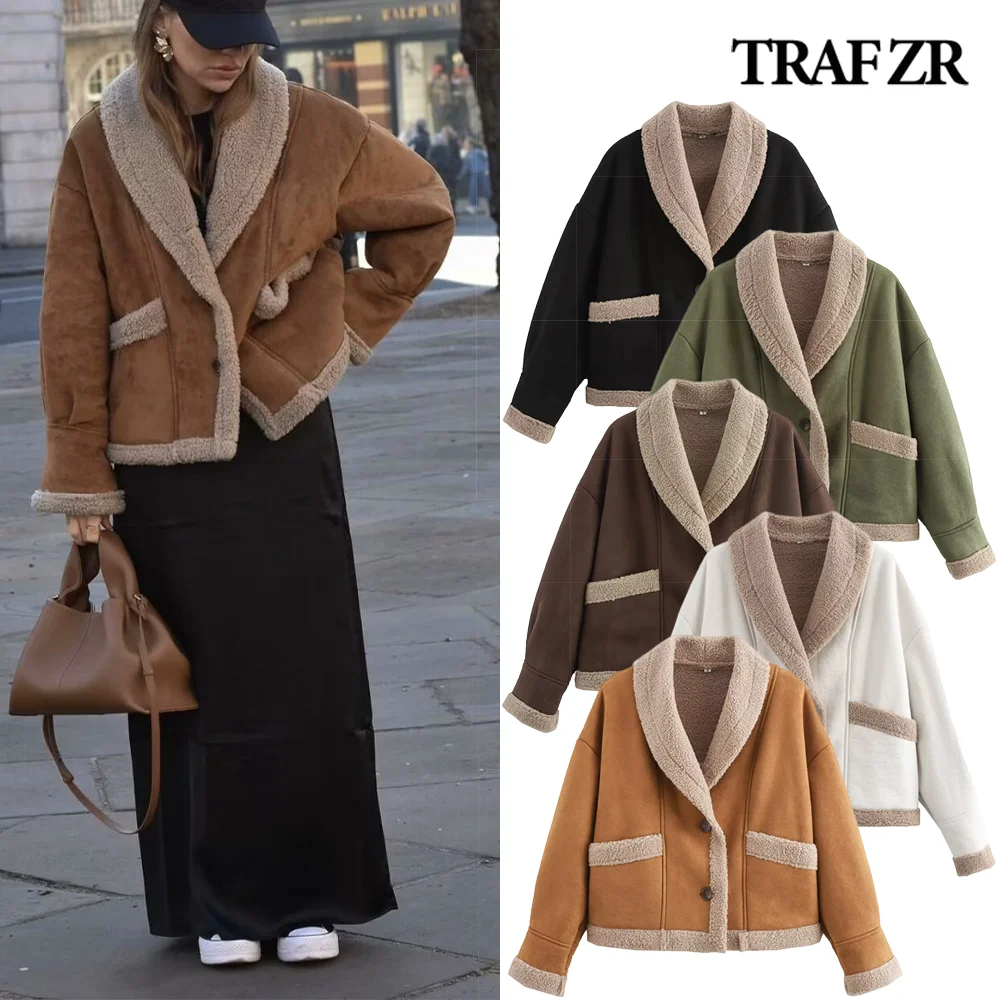 TRAF ZR Vintage Faux Fur Coat Shawl Collar Single Breasted Synthetic Leather Jackets for Women Women\'s Artificial Sheepskin Coat