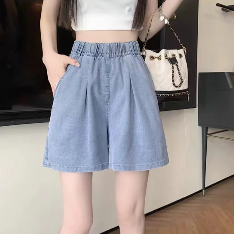 

Summer Girls Chic Light Blue High Waist Shorts Women Solid Loose Fit Denim Pants Lady Classic Fashion Thin Short Jeans