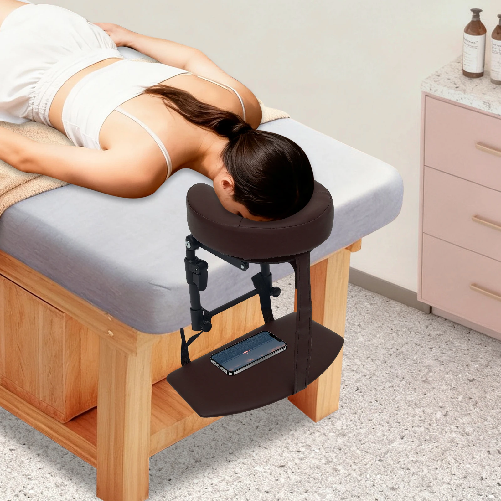 

Massage Kit Bed Backrest Support Floating Massage Bed Frame with Face Cradle Armrest Board Storage Bag Foldable Portable Headrest Support for Home Spa Therapy Beauty Salon Table Eye Recovery Multifunctional Adjustable Brown