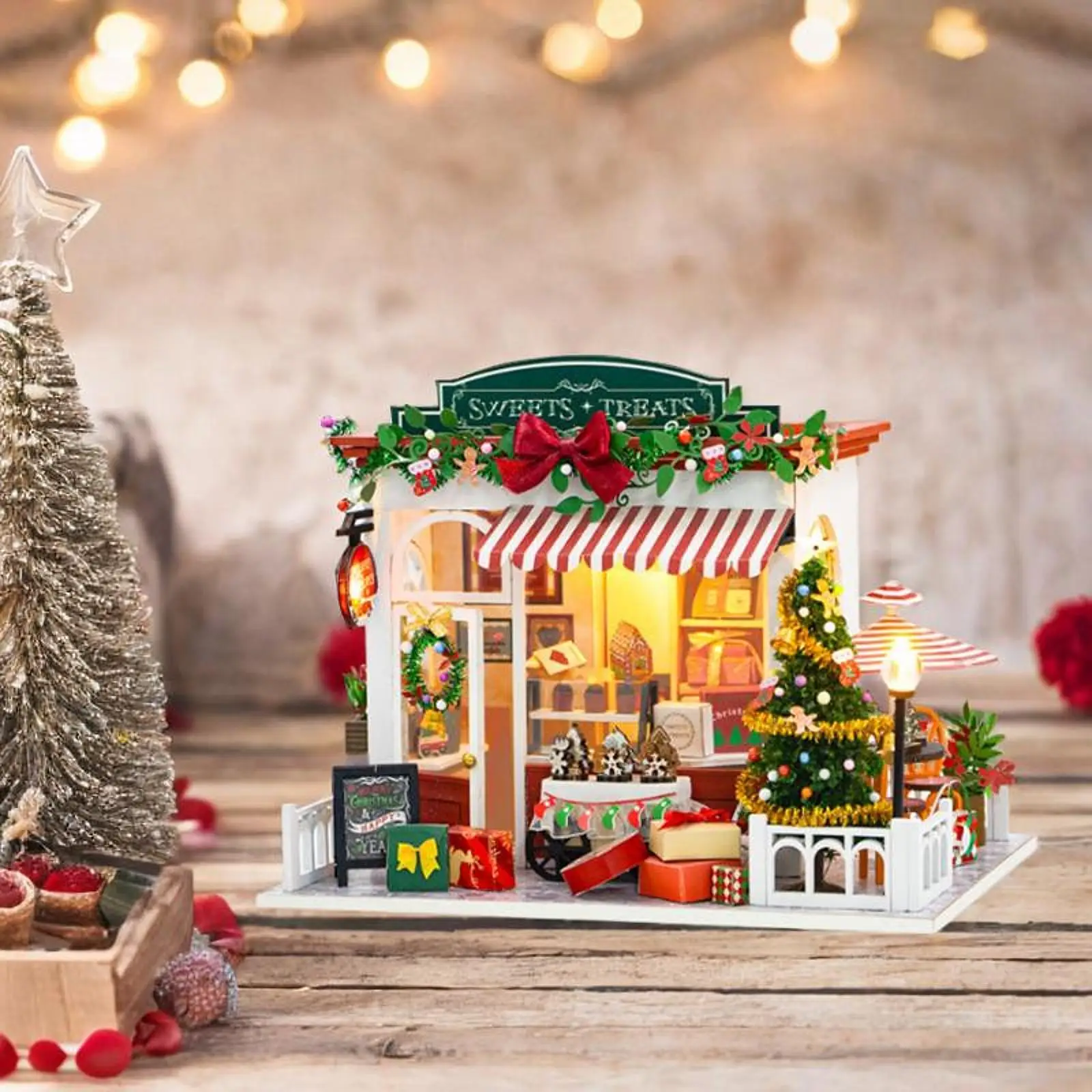 Casa de muñecas de Navidad DIY con luces y adornos, decoración de escritorio, Kit de casa de jardín en miniatura para Hobby, regalos de Navidad, habitación, tienda