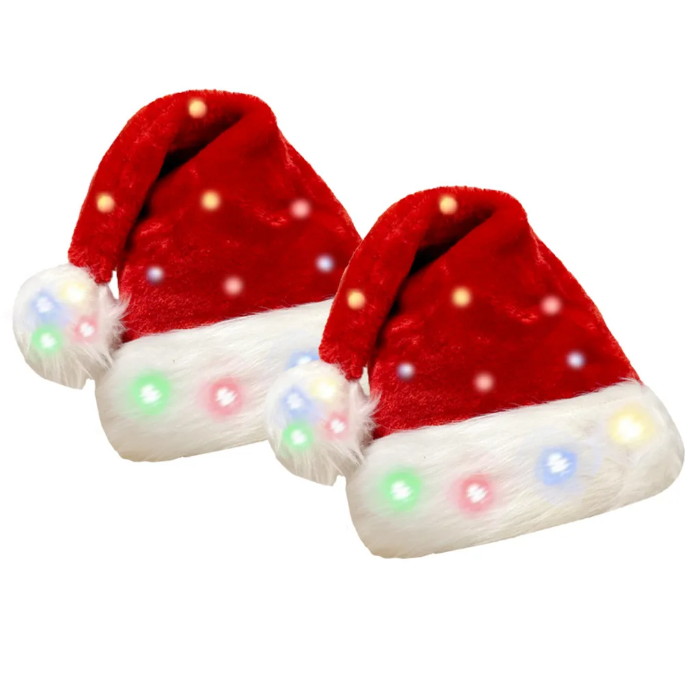Cross-Border Popular Children And Adult Fully Illuminated Christmas Hat Plush With Lights Santa Hat Christmas Party Decorations