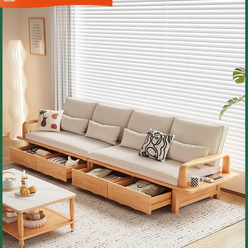 

Nordic living room log color all solid wood fabric sofa pure ash wood storage new Chinese winter and summer sofa