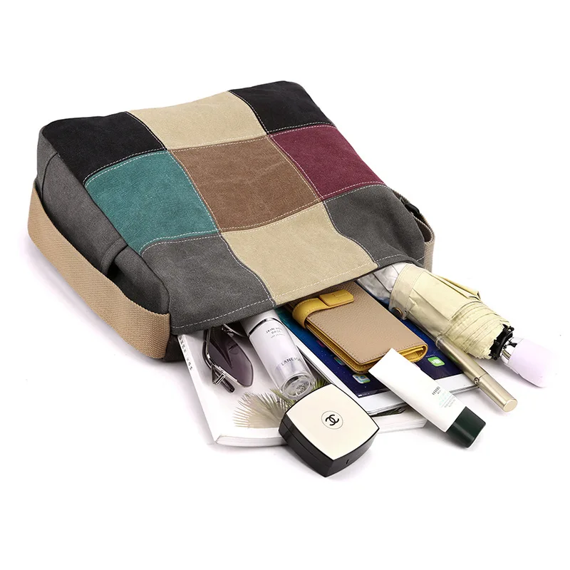 حقيبة كتف قماشية منقوشة بخياطة ملونة للنساء، النسخة الكورية ذات سعة كبيرة وخفيفة الوزن ومتعددة الوظائف #6