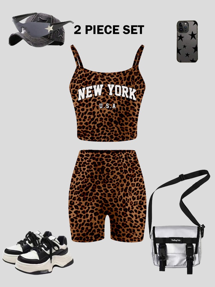  2-Piece Leopard Print Crop Top & Biker Shorts Set Kids Girls Summer Casual Streetwear Outfit 