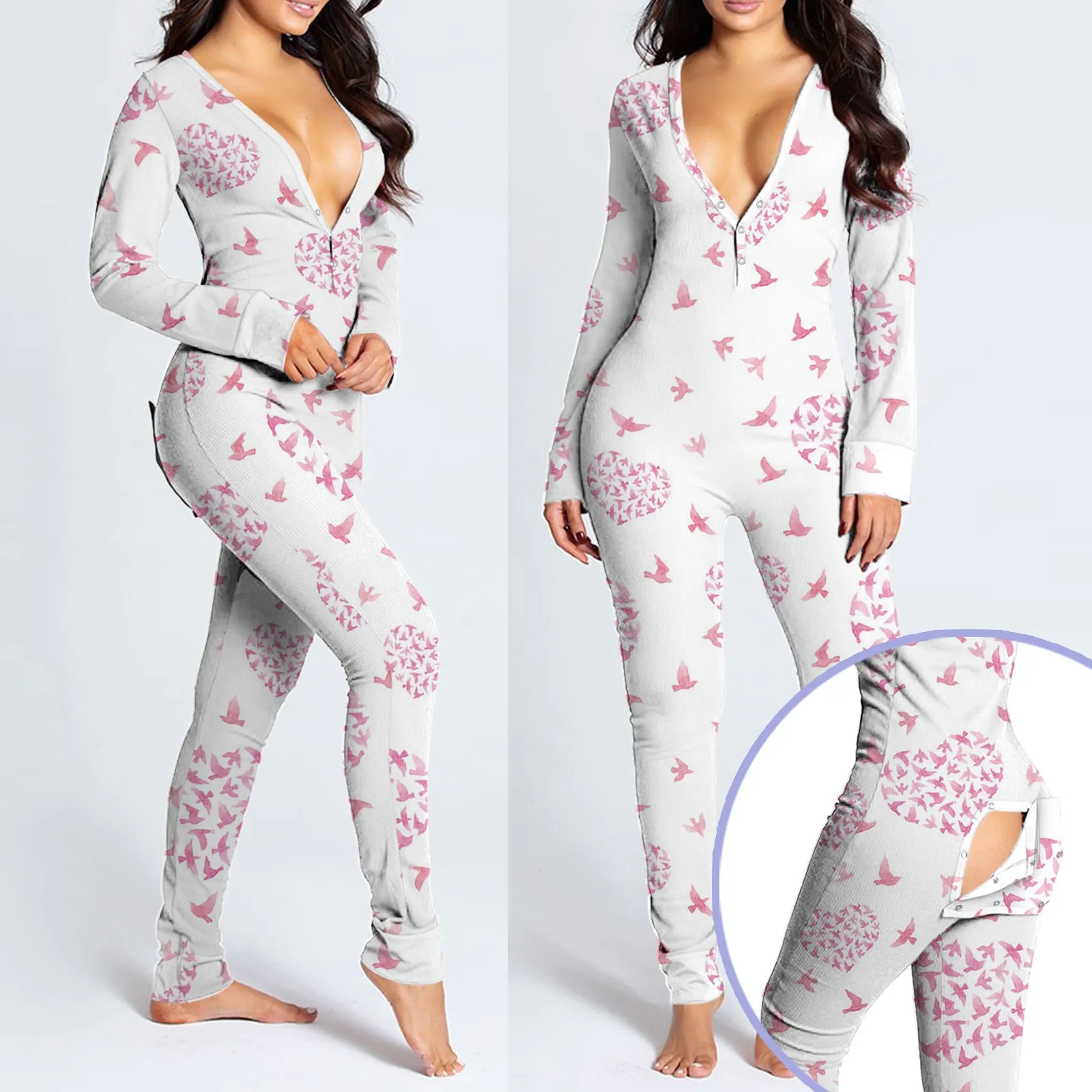 Adults Pajamas Sexy Women\'s Onesie Functional Buttoned Butt Flap Romper Sleepwear Teen Girls Crotchless Jumpsuit Nightgown