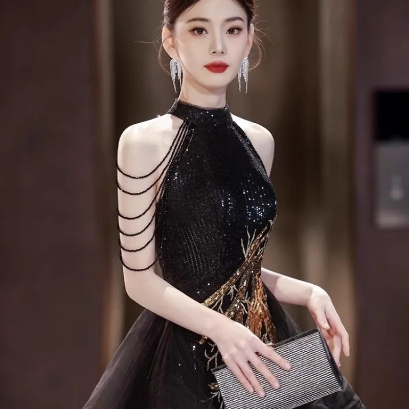 Plus Size Sexy Shiny Sequined Long Evening Dresses Maxi Party Gown Polyester Sleeveless Prom Dress Graduation Night Out Dress