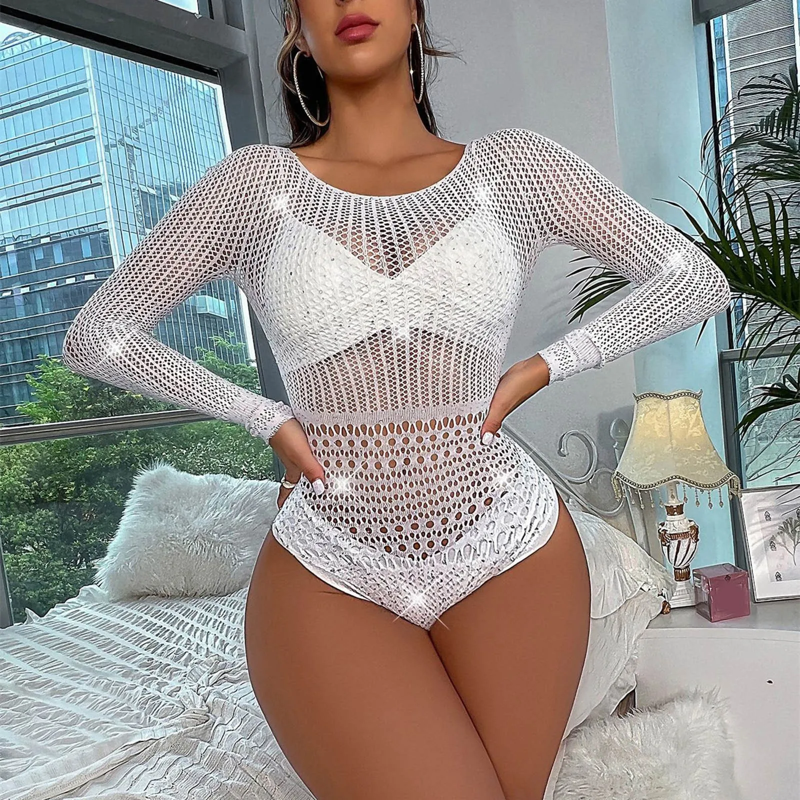 Hot Sexy Lingerie Women Crystal Mesh Fishnet Bodysuit Off Shoulder O Neck Y2k Tops Teddy Body Suits Long Sleeve Slim Bodysuits