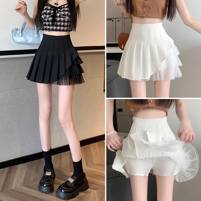 Real Shot Black Mesh Pleated Skirt High Waist A- line Slimming Skirt Women's Summer 2025 New Petite Short Dress