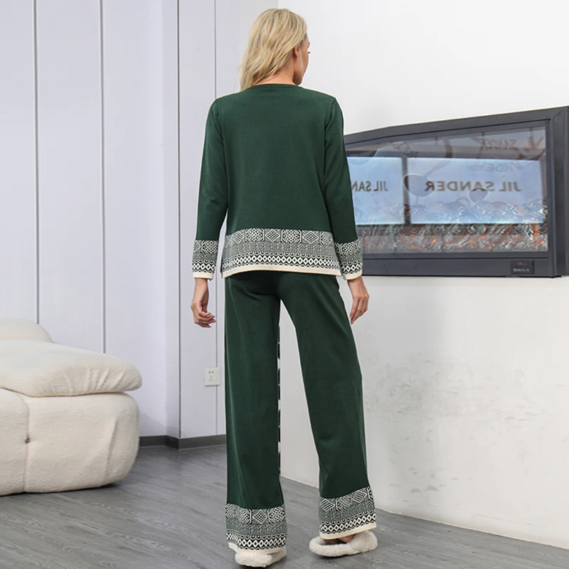 HELIAR 2-częściowe zestawy damskie Casual Knitted Long Sleeve O-neck Pullover Top + Wide Leg Pants Sets Office Women Outfit Fall Winter