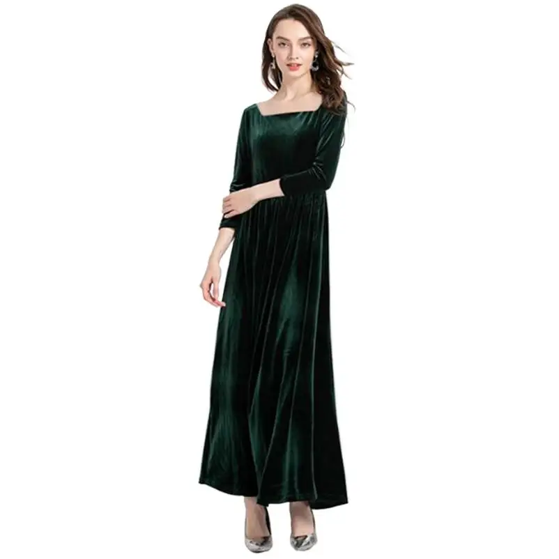 Women's Autumn Elegant Velvet Dresses Square Collar Casual Long Sleeve Evening Party Maxi Dress Women's Clothes Abaya