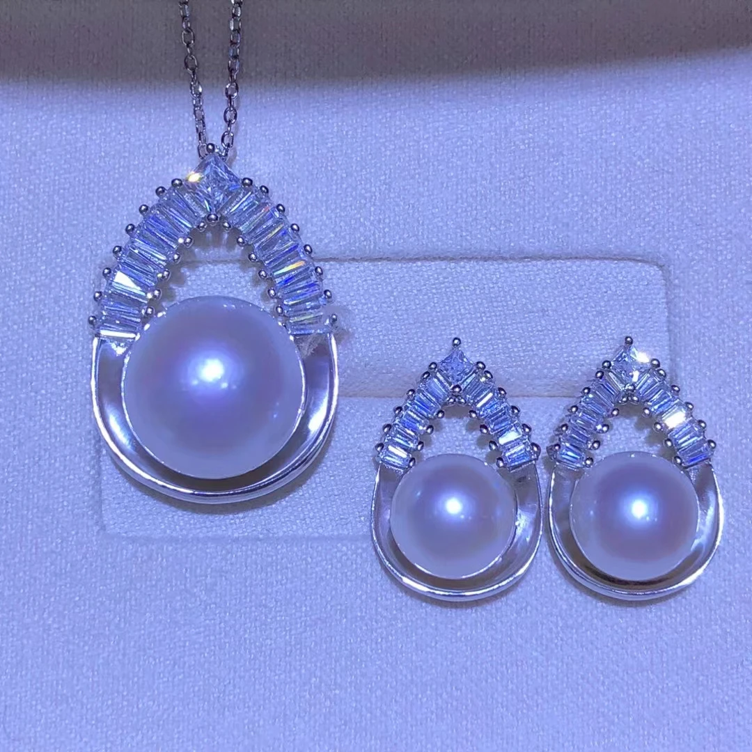 

925 Sterling Silver Pendant Earrings Mountings Findings Base Jewelry Set Mounts Settings Parts for 8-13mm Pearls Beads