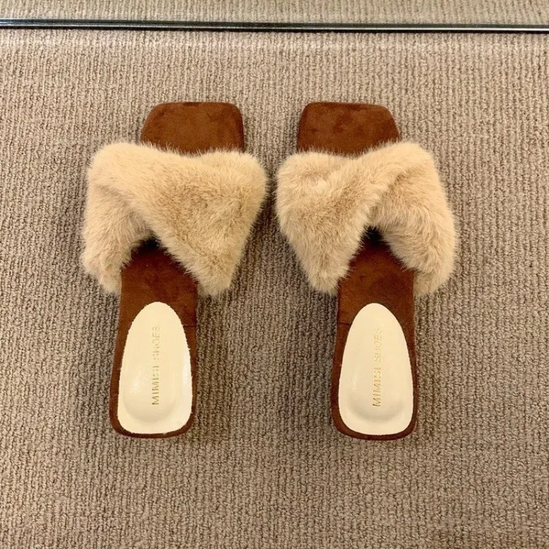 Autumn and Winter Square Toe Block Heel Women's Sandals High-end Sense High-heeled Temperament Fur Slippers