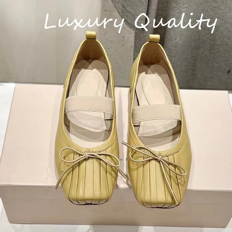 2024 New Women's Ballet Flat Shoe casual shoes Genuine leather material Square head Solid Color Bow decoration