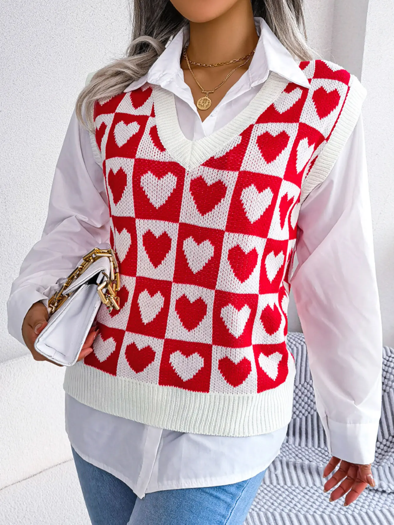 

Women's Sleeveless V-Neck Sweater Autumn Winter Plaid Print Loose Fit Casual Office Lady Basic Daily