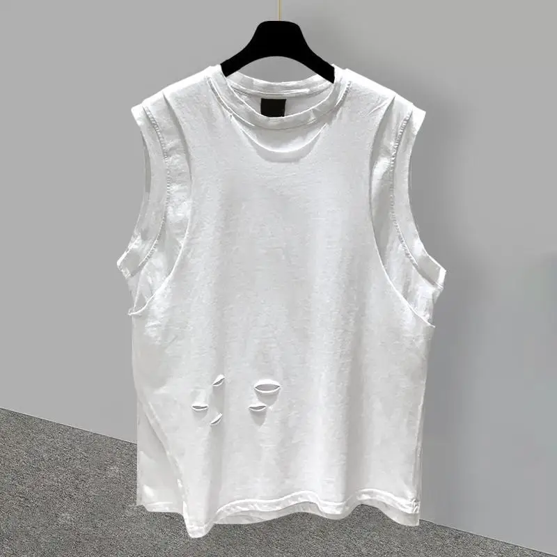 Fake Two-piece Ripped Sleeveless T-shirt for Men in Summer Large Size 300 Catties Korean Handsome Student Casual Loose Shoulder