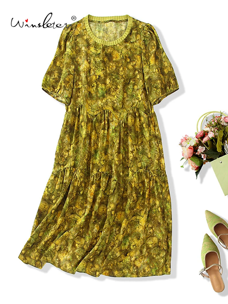 

Winsleter-Women's 100%Real Silk Elegant Dress, Short Sleeve O Neck Print, Retro Commute Mini Dresses, 2025 Summer New D57106CC
