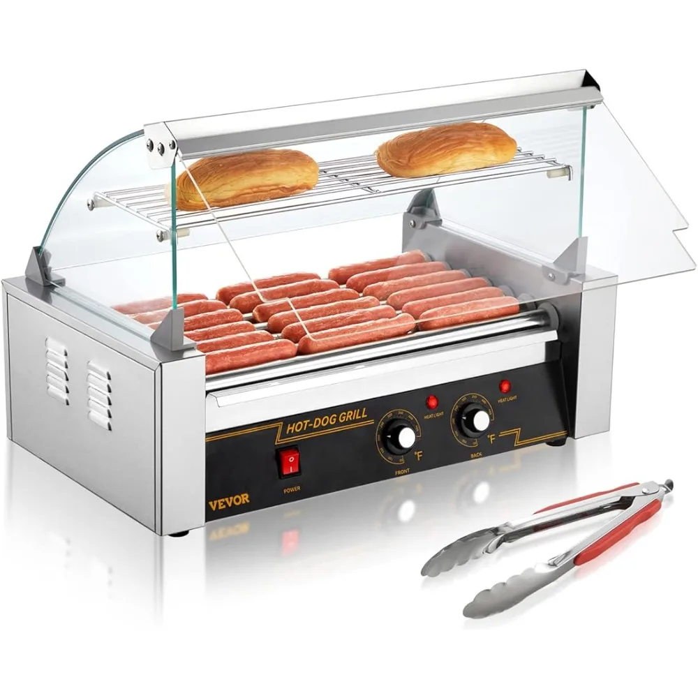 Máquina de parrilla de salchichas de acero inoxidable con control de temperatura dual, cubierta de vidrio y cubierta acrílica, capacidad de 1050W, tambor 18 hot dog