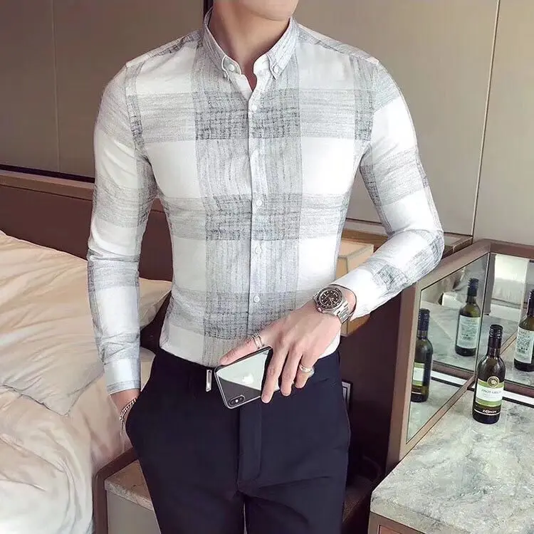 Fashion Spring Autumn Men Shirts New Lapel Plaid Single Breasted Smart England Casual Office Social Korean Slim Long Sleeve Tops