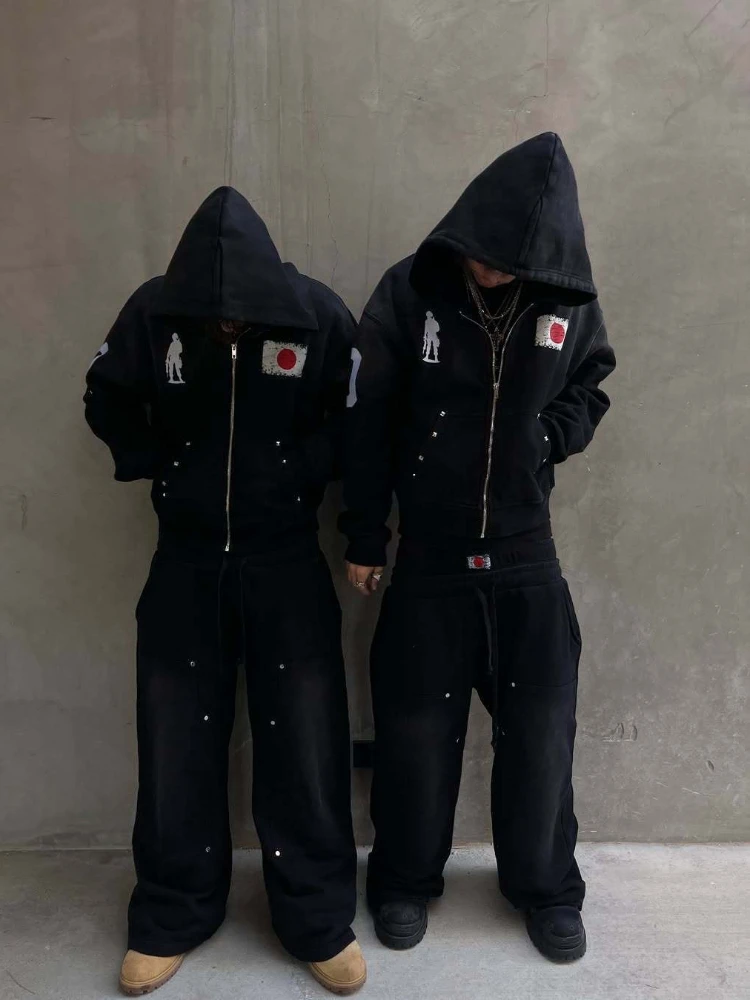 

Trendy American retro washed embroidered long sleeved shirt loose and versatile casual and high-end pants for men Y2K emo Trendy