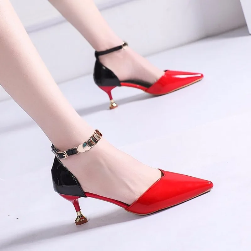 

Women Fashion Sexy Pumps Pointed Toe Patent Leather 6.5CM Buckles Strap Stiletto Sandals Summer New Hollow Nightclub Women Shoes