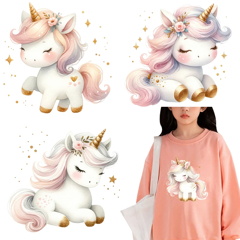 4pcs Cute Rainbow Unicorn iron on transfer for Children's clothing dtf transfers ready to press Heat Transfer Printing