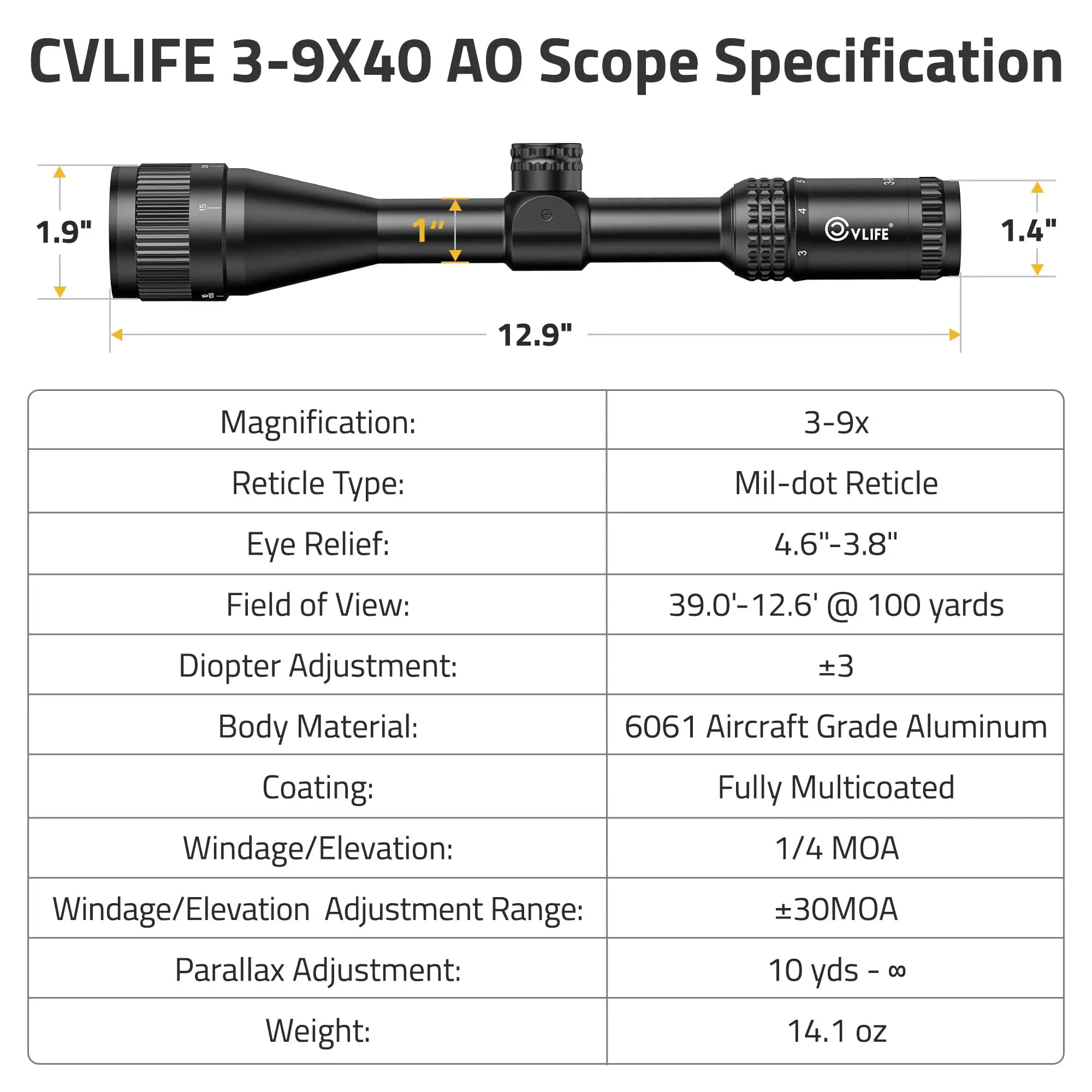 3-9x40 AO JackalHowl F02 AO نطاق البندقية SFP نطاق بندقية الصيد مع تعديل الموازي وحلقات نطاق 20 مم الطائرة البؤرية الثانية #4