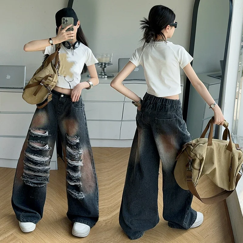 Teenager Girls Tie-Dye Hole Jeans Ripped Trousers Straight Leg Wide Leg Pants Stylish Children's Clothing for Ages 4-14