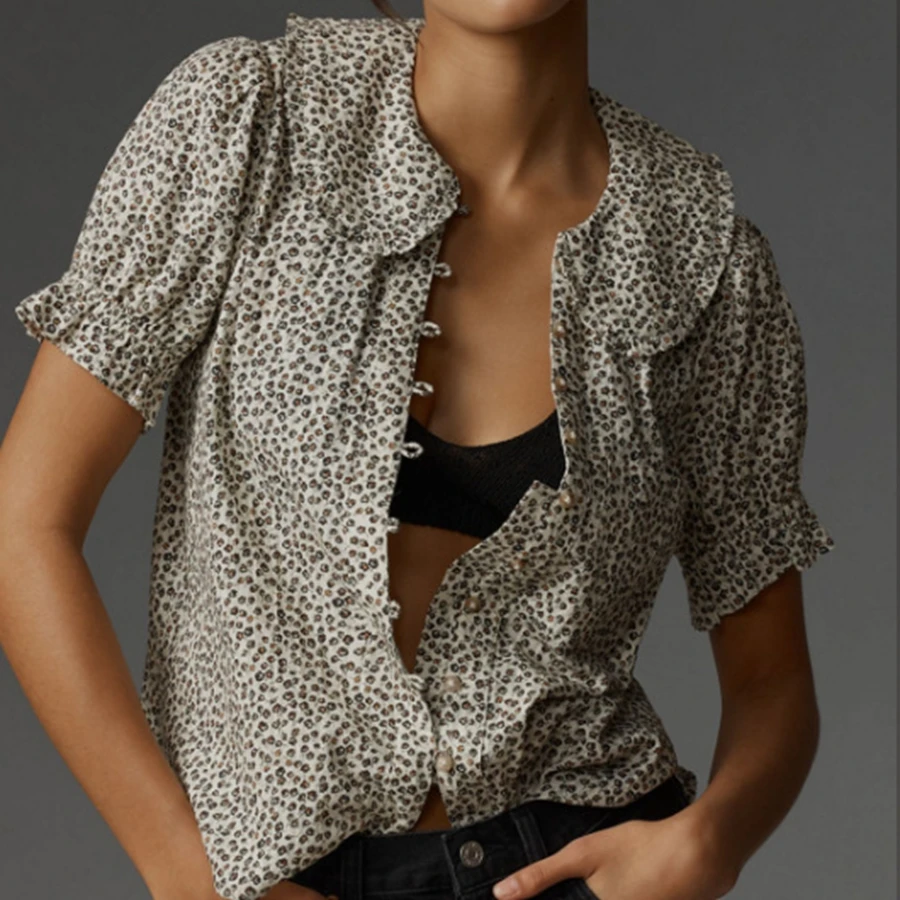 

Luxury Women Doll Collar Blouse Loose Floral/Solid Print Short Sleeve Button-down Shirts Casual Summer Streetwear