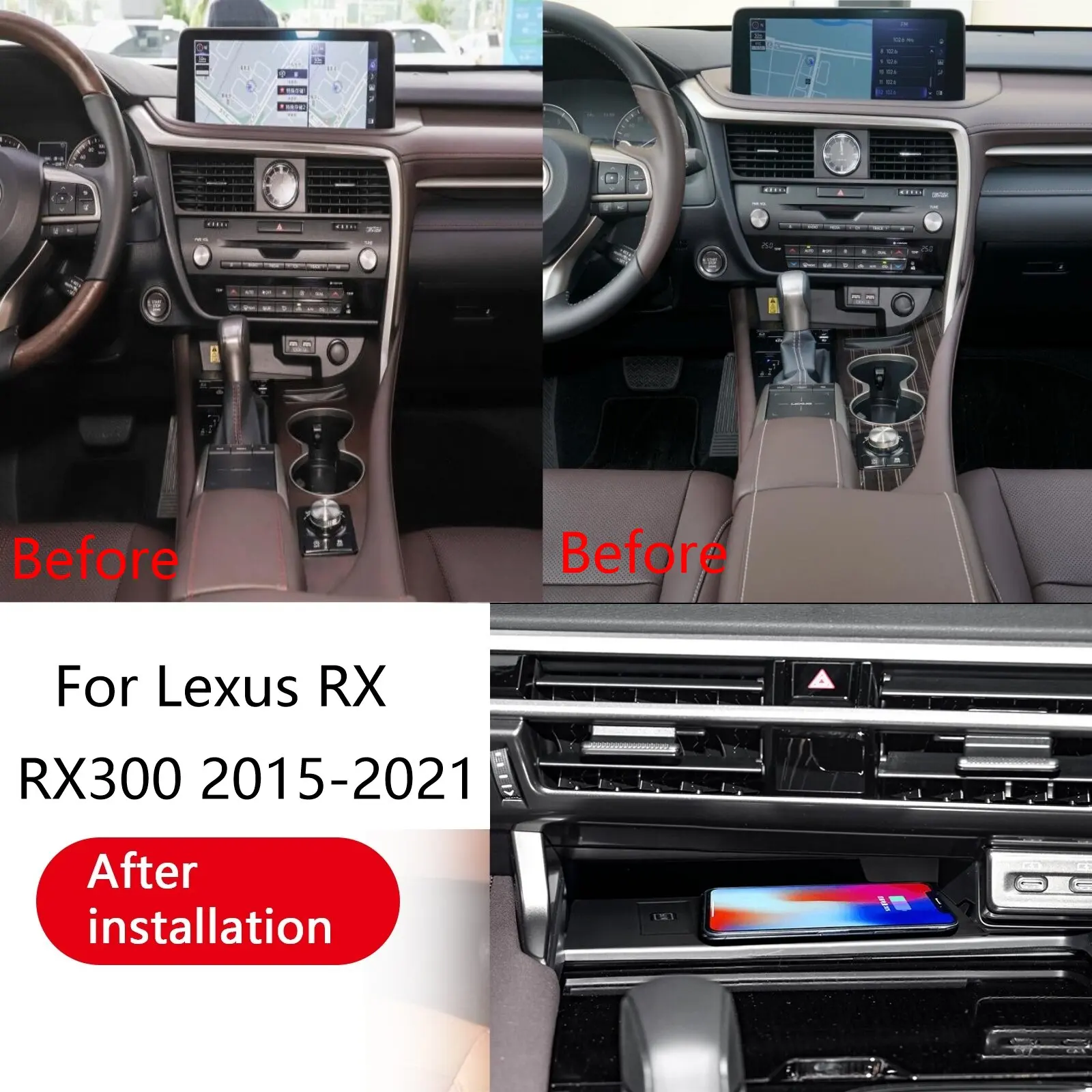 2 din O mais recente carregador de celular sem fio rápido para console central de carro Lexus RX RX300 2015-2021 com suporte.