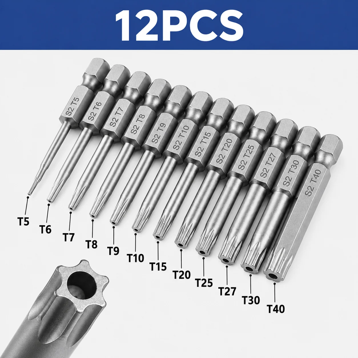 12PCS S2 Steel Torx Security Bits, 2-Inch Magnetic Tamper Proof Star Screwdriver Bit Set T5-T40, 1/4