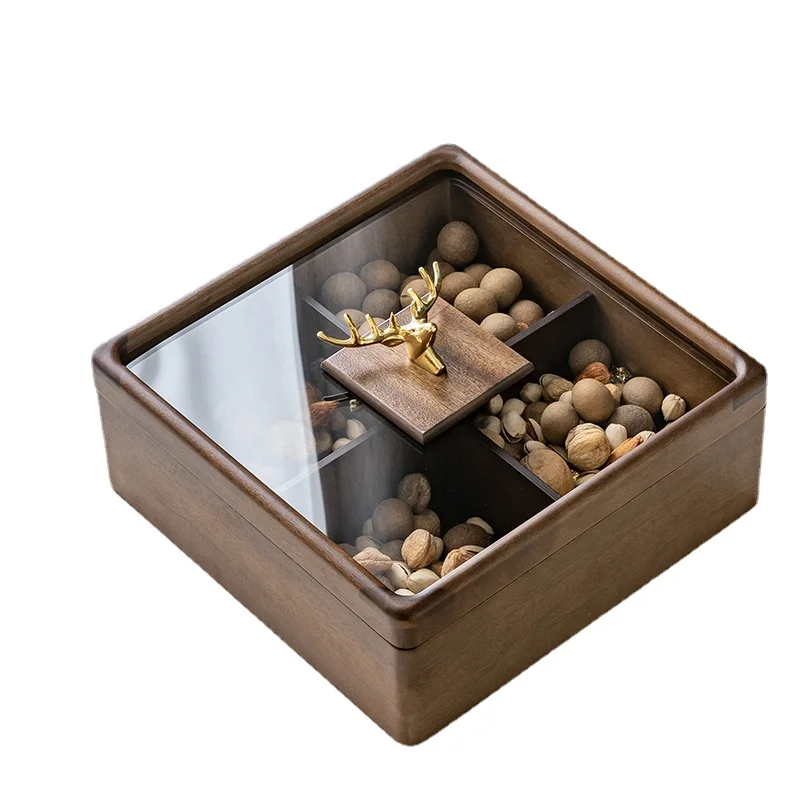 Solid Wood Fruit Box New Chinese Style Candy Plate Living Room Household Grid with Lid Nuts Dried Fruit Snack Storage Box Simple