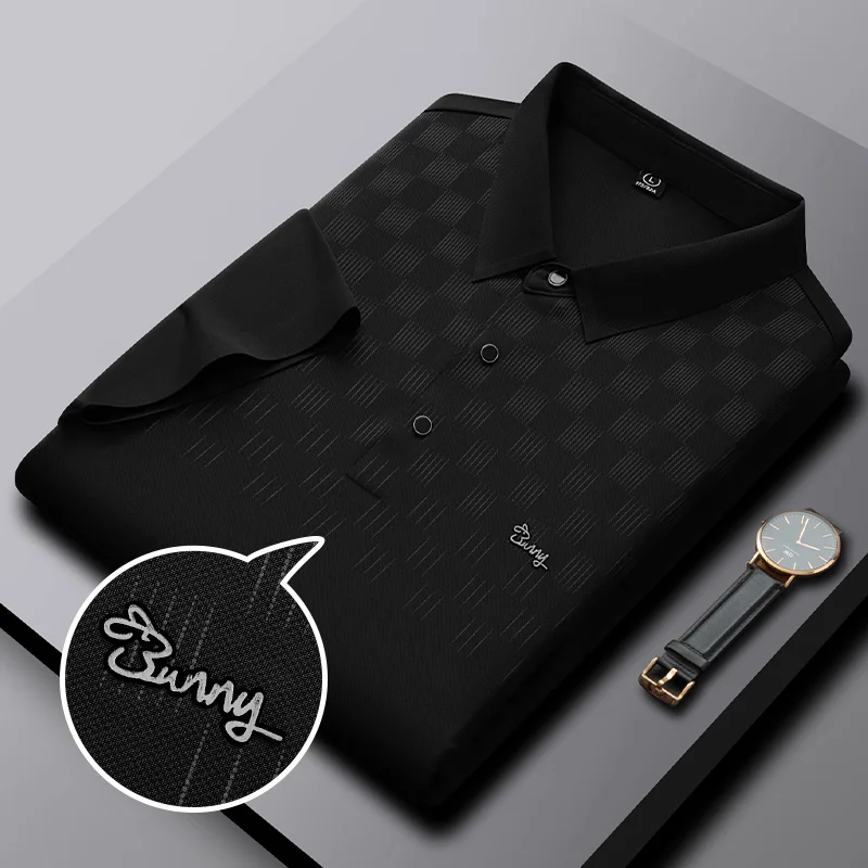 New Ice Silk Breathable Elasticity Jacquard Polo Shirts 2023 Summer Trend Lapel T-shirt Korea Fashion Men Clothing Short-sleeved