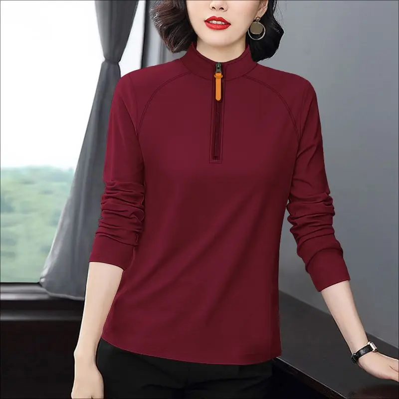 

Casual Sle Long Sve Stand Collar f Zipper Loose Base irt for Women New 2025 Autumn Faion Loose T-irt Top