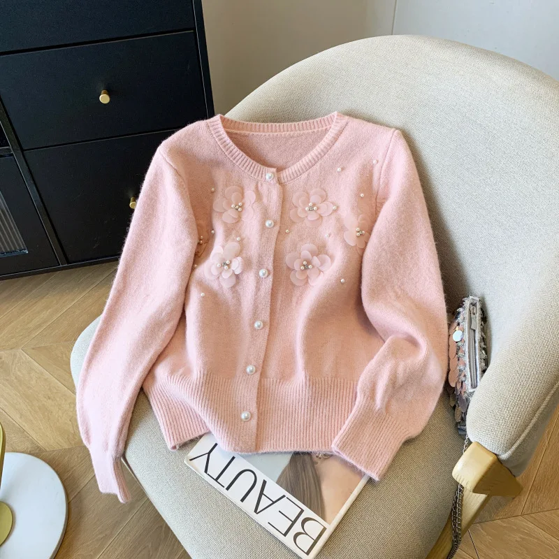 

Корейский стиль, осень-зима, милый вязаный кардиган с 3D цветами, женский однобортный свитер с длинными рукавами и бисером, пальто