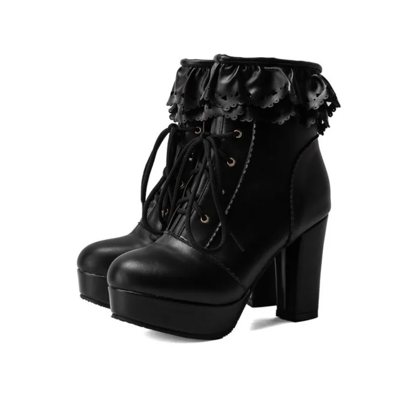 Pink Chunky High Heel Japanese Lolita Shoes Butterfly-knot Ruffle Tassel Womens Cosplay Princess Ankle Boots Winter Warm Inner