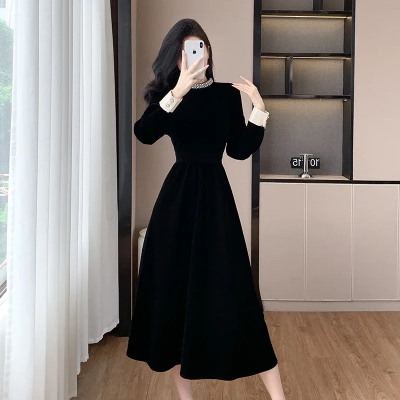 Elegant Long Dress Autumn Winter 2024 Velvet Black Beaded Long Sleeve Slim Midi Party Club Formal Birthday