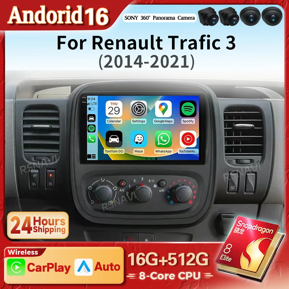 Rádio Multimídia Android 16 Carplay para Renault Trafic 2015-2019 e Opel Vivaro B 2014-2018, Autoradio Estéreo com Bluetooth.
