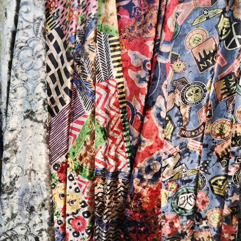 Golden Brick Velvet Printed Fabric with Four Sides Elastic Large Flower Dress Half Skirt Casual Wear Fashion Diy Material Cloth