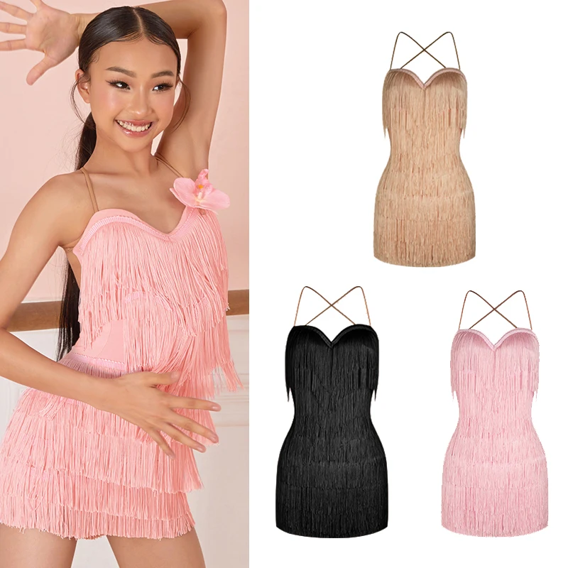 

ZYM Платье для соревнований по латинским танцам для девочек, 3 цвета, сексуальное платье с открытой спиной и кисточками, чача, румба, танго, детская одежда для латинских танцев DQS17696