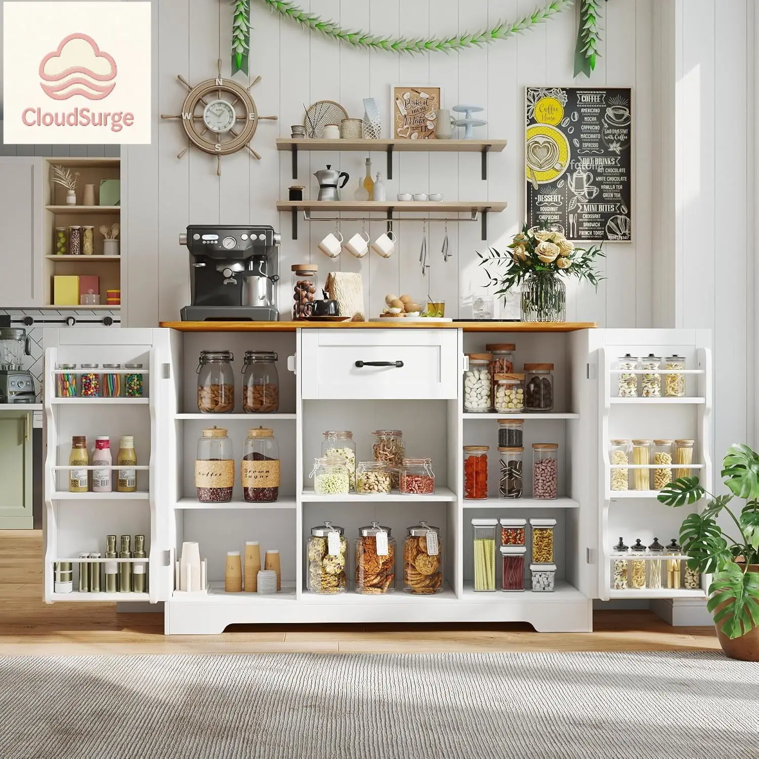 

Кухонный буфет-сервант с ящиками для хранения, кофейный бар-шкаф с выдвижными ящиками, кухонный шкаф-кладовка с дверцами и полками для хранения